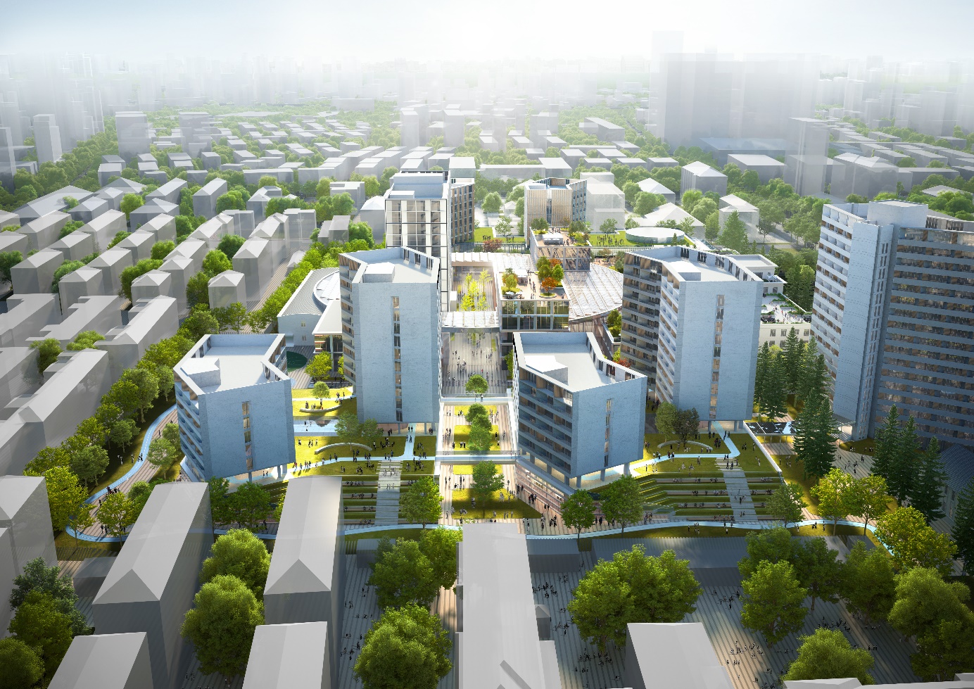 图为西侧鸟瞰校园宿舍区——城市肌理的衔接与融合